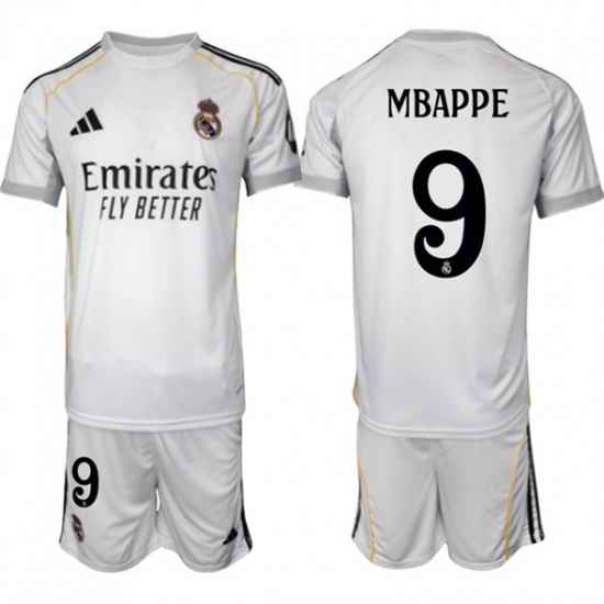 Men Real Madrid 9 Kylian Mbappe 25 26 White Home Soccer Jersey Suit